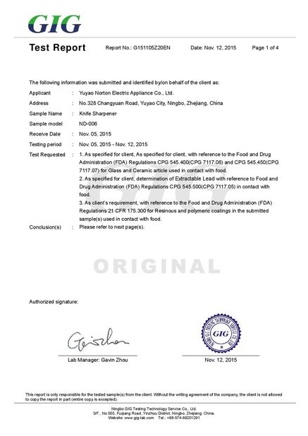 China Yuyao Norton Electric Appliance Co., Ltd. Certificações